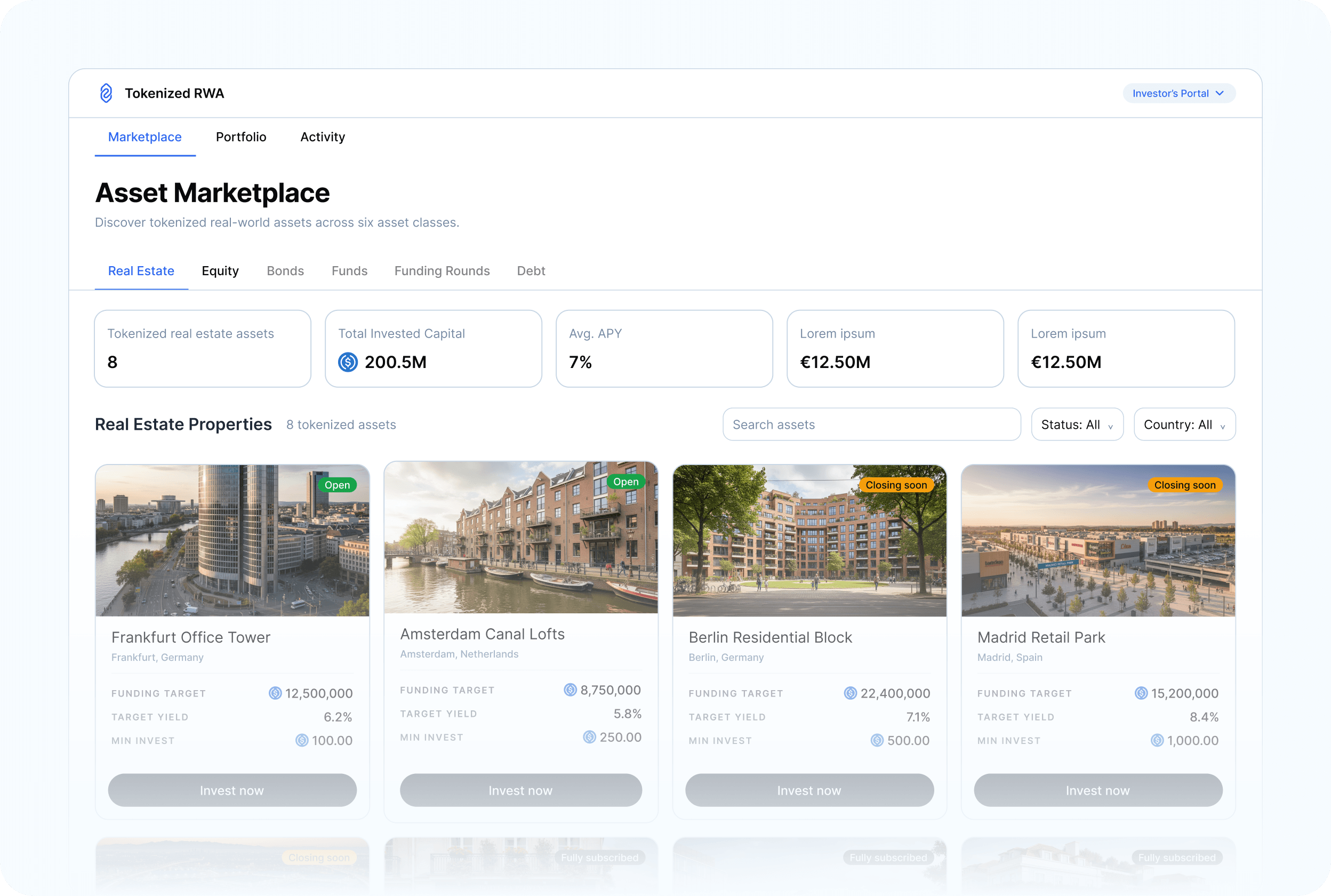 Tokenized RWA Platform demo — Asset Marketplace dashboard